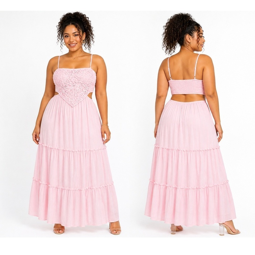Maxi Dress Faded Rose Pink Crochet Bodice Cut Out Tiered Womens Large NEW